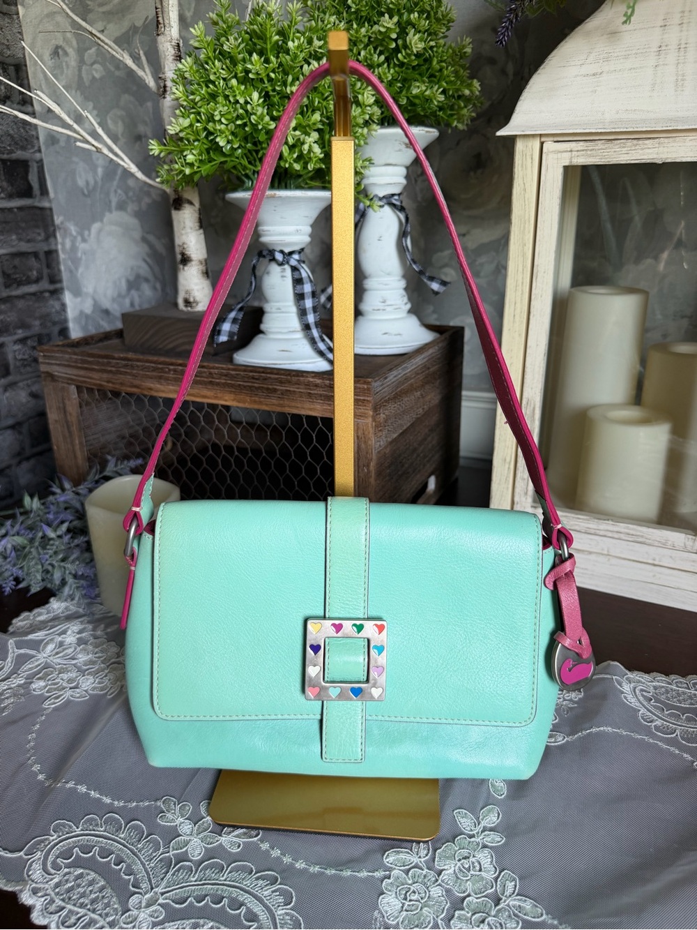 Vintage Y2K Dooney & Bourke turquoise and pink leather shoulder bag purse